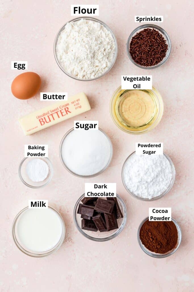 labeled ingredients for mini chocolate cupcakes.
