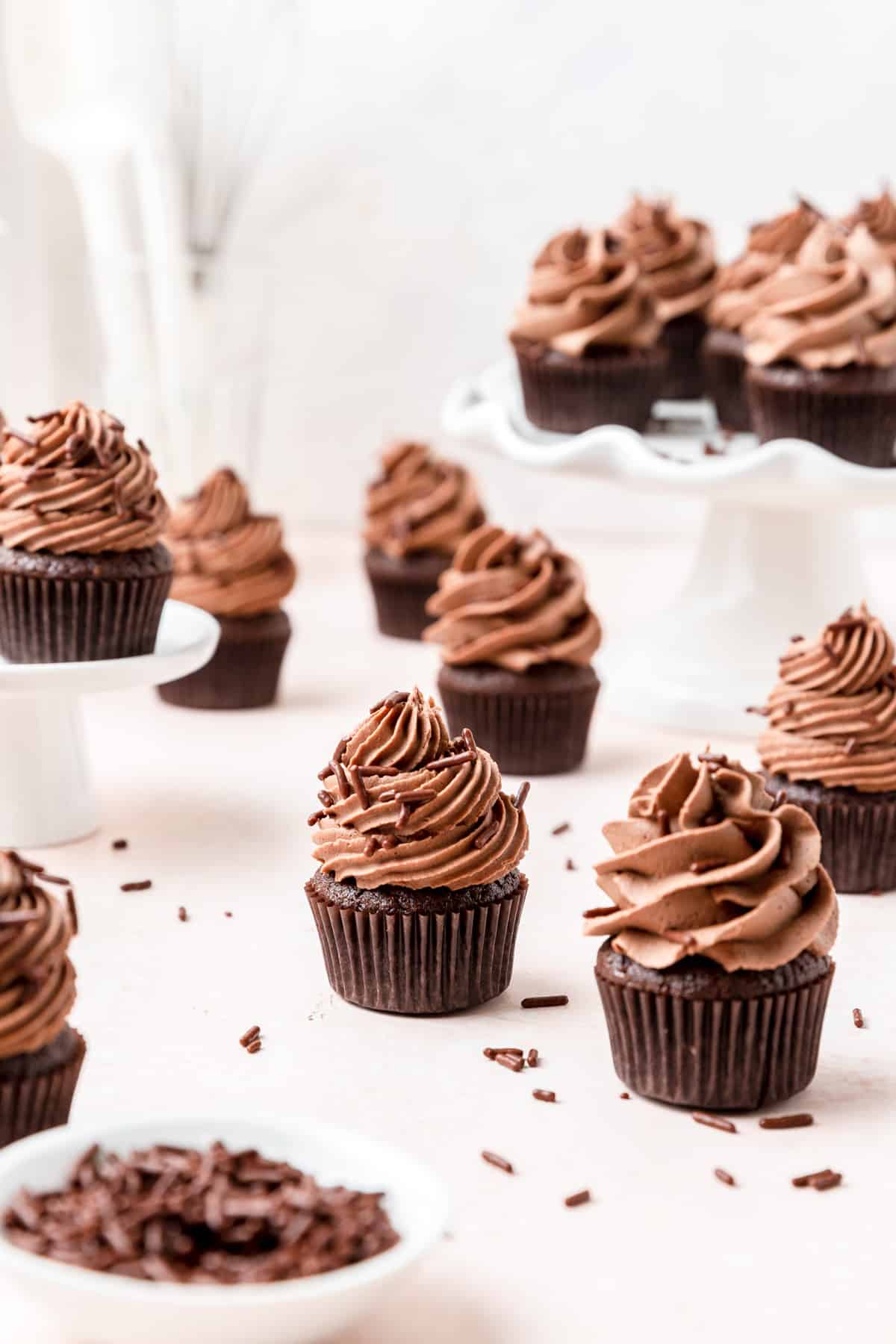 mini chocolate cupcakes with chocolate buttercream and chocolate sprinkles.
