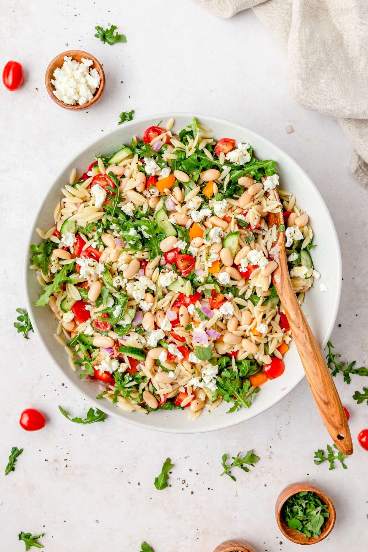 orzo white bean salad with arugula and goat cheese.