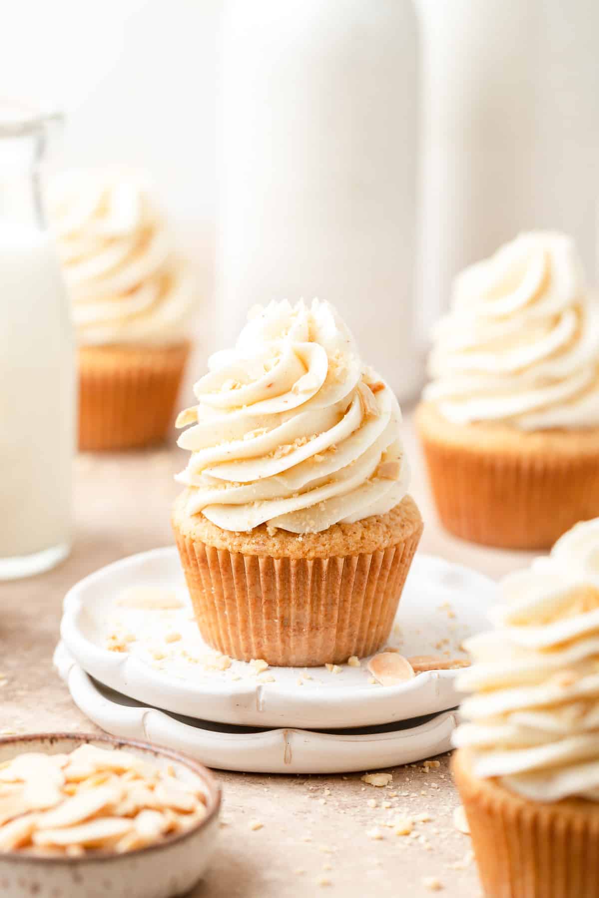 brown butter almond cupcakes with toasted almonds.