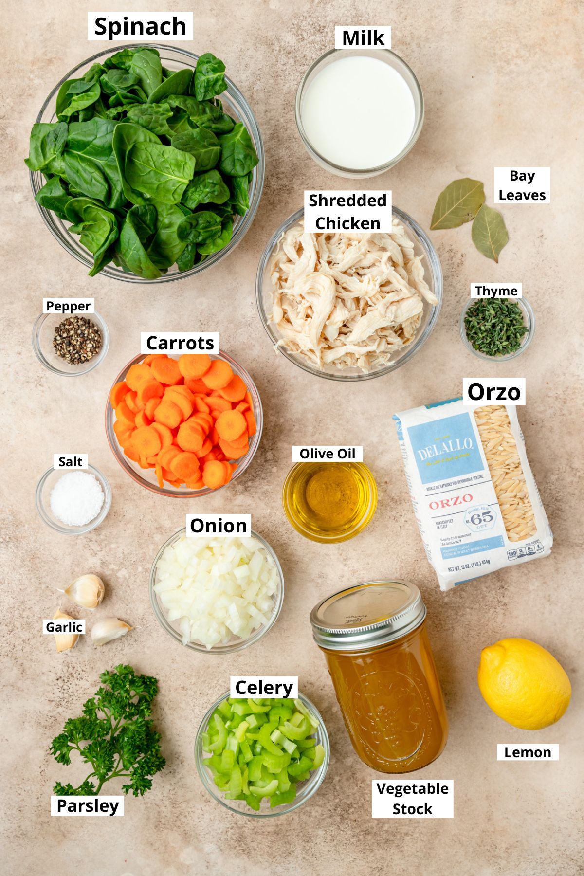 labeled ingredients for lemon chicken orzo soup.