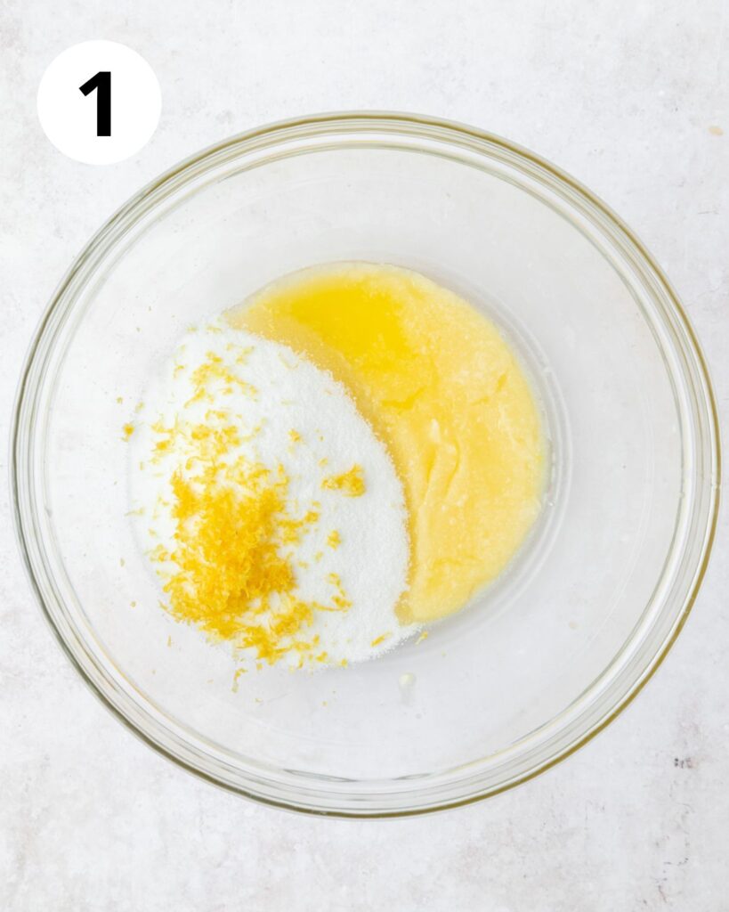 melted butter, sugar, and lemon zest in bowl.