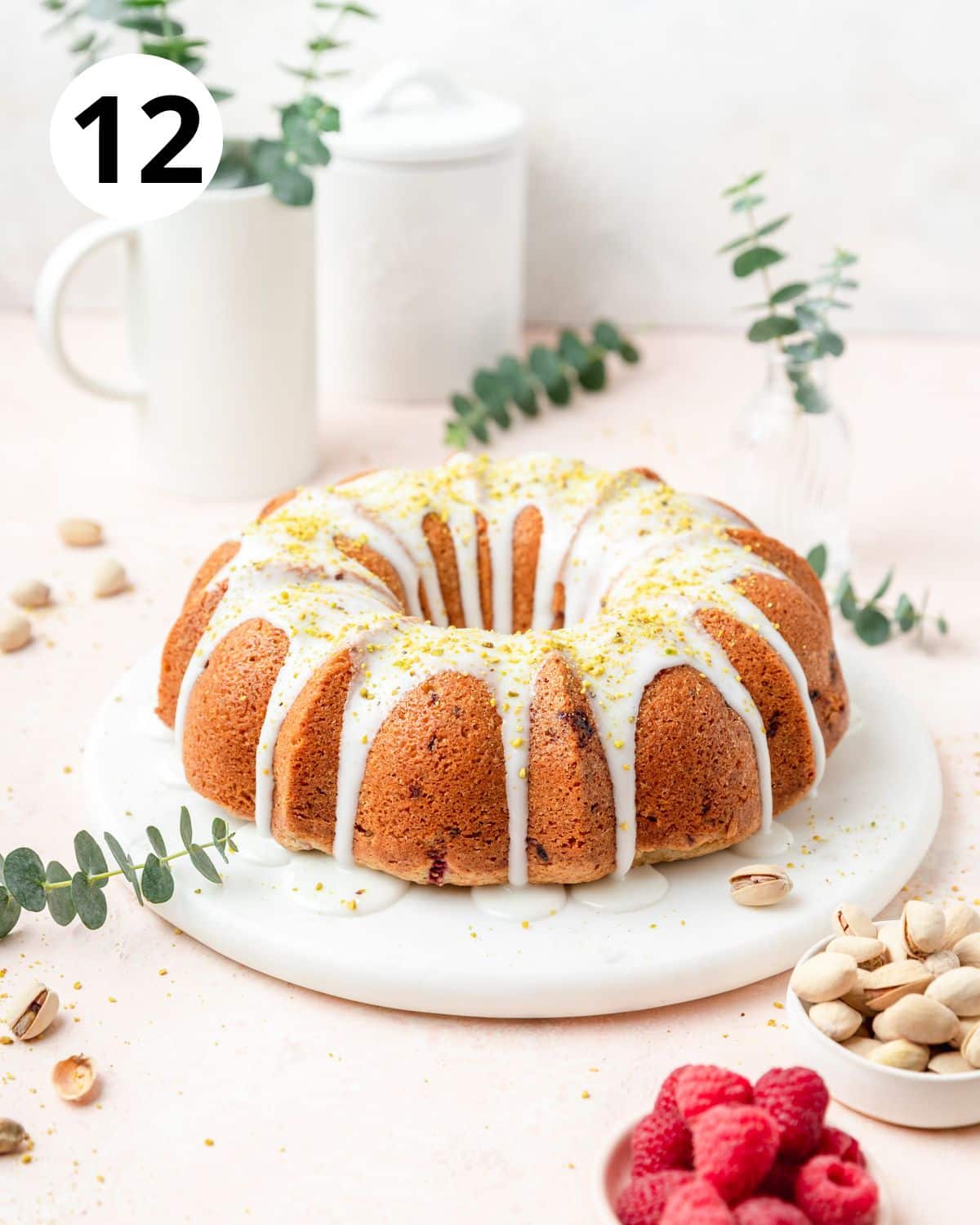 topping bundt cake with crushed pistachios.