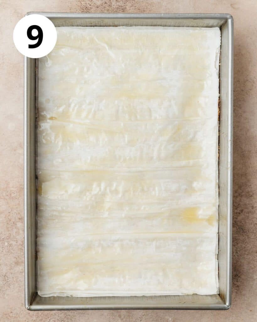 topping with more buttered phyllo sheets.