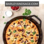 cast iron skillet focaccia with sundried tomatoes and olives pin.