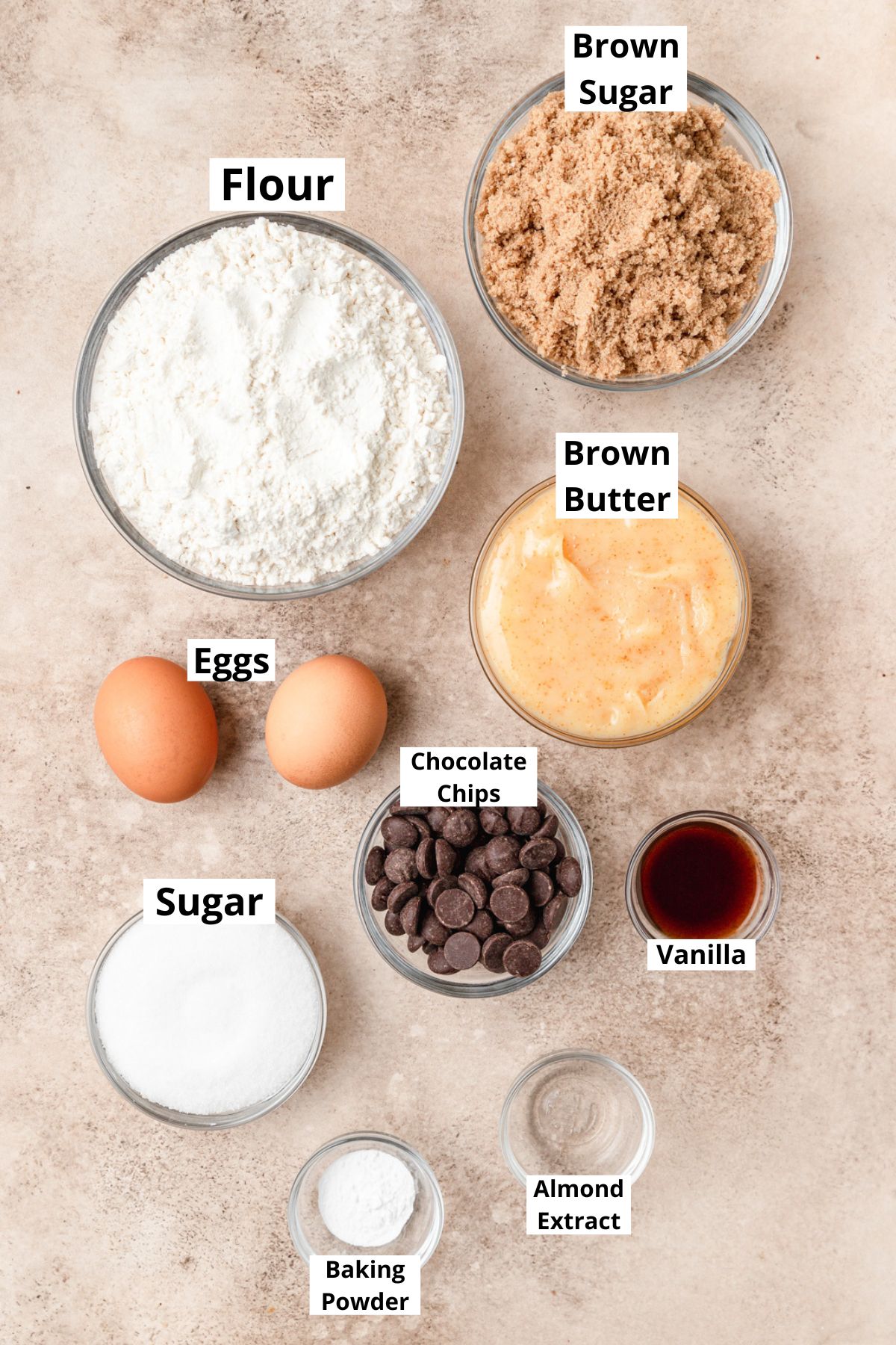labeled ingredients for chocolate chip blondies.