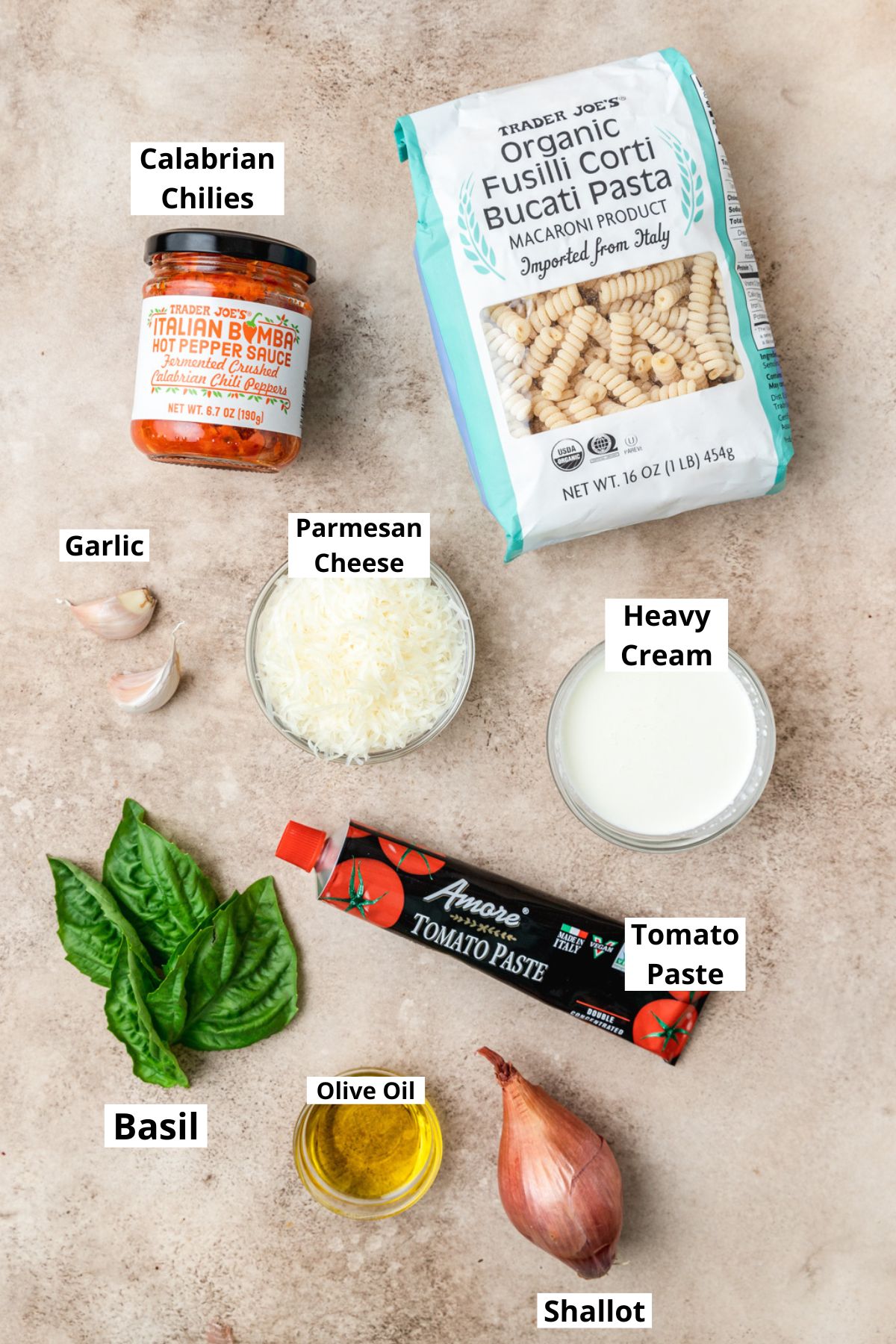 labeled ingredients for calabrian chili pasta sauce.