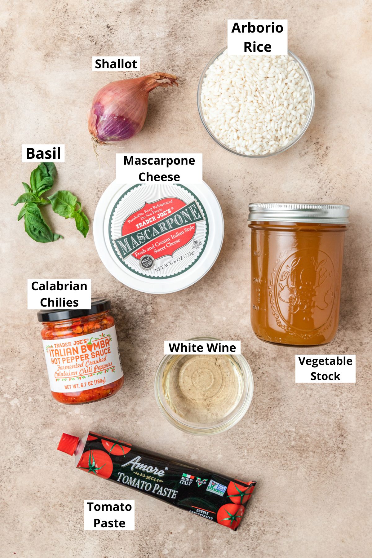 labeled ingredients for calabrian chili risotto.