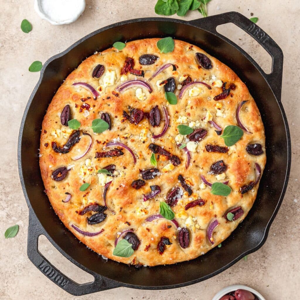 Cast Iron Focaccia with Sundried Tomatoes & Olives