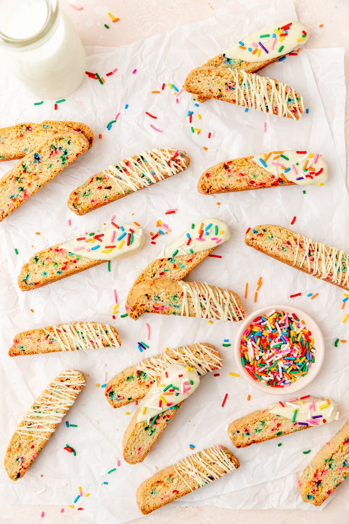 funfetti biscotti dipped in white chocolate with sprinkles.