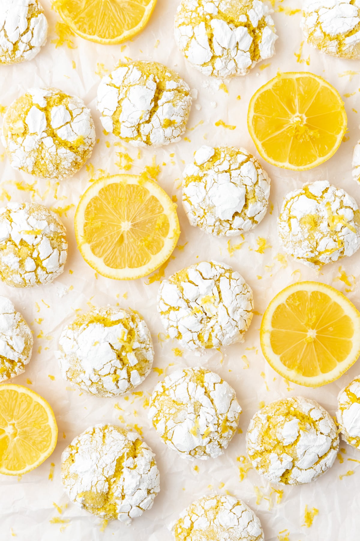 lemon crinkle cookies rolled in powdered sugar.