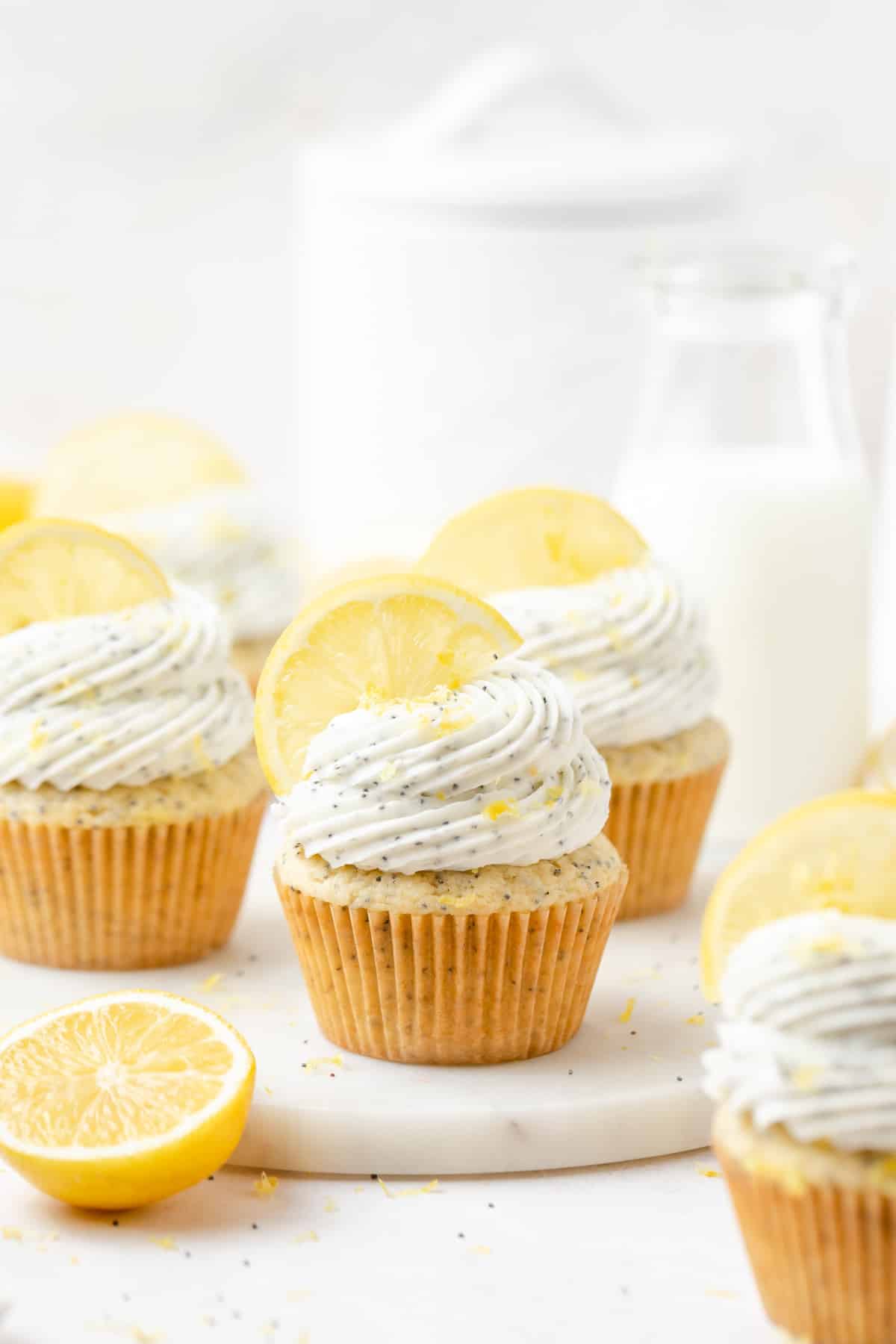 lemon poppy seed cupcakes with cream cheese frosting.