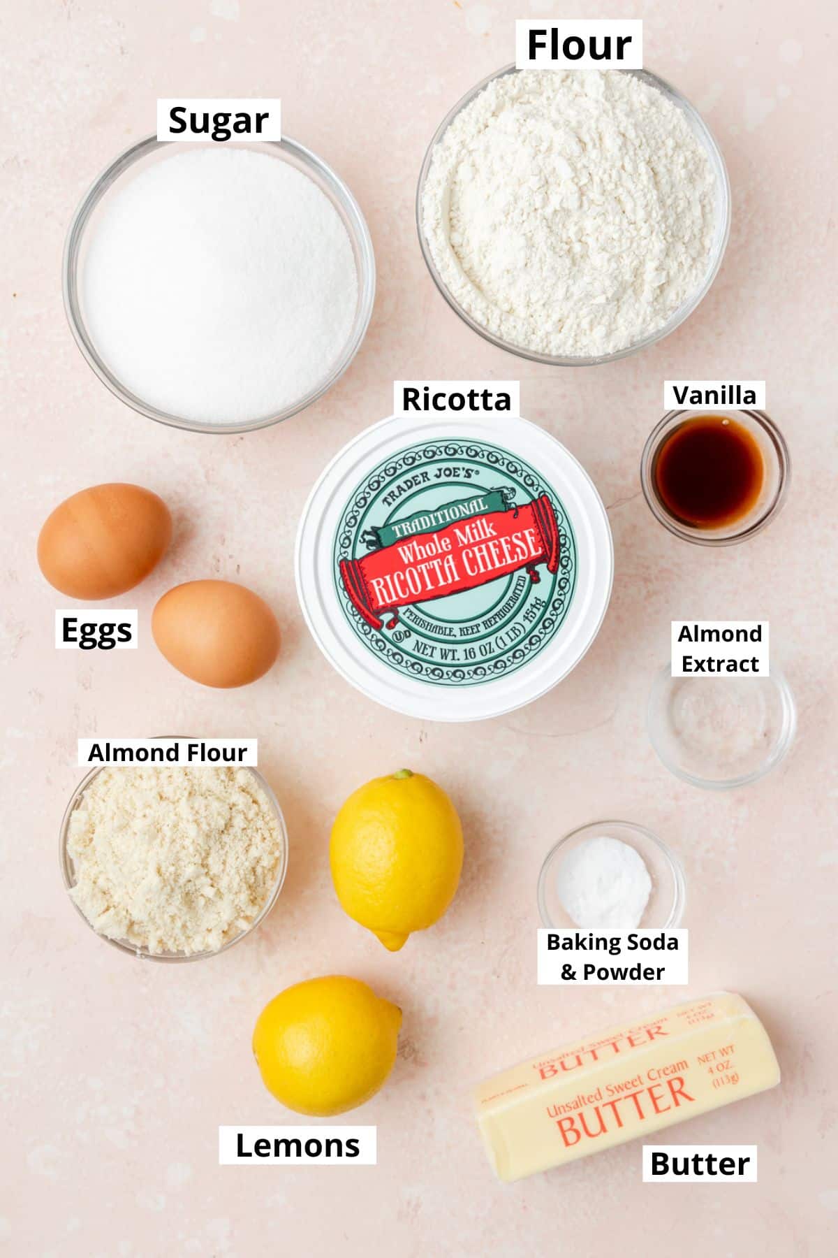 labeled ingredients for lemon ricotta cake.