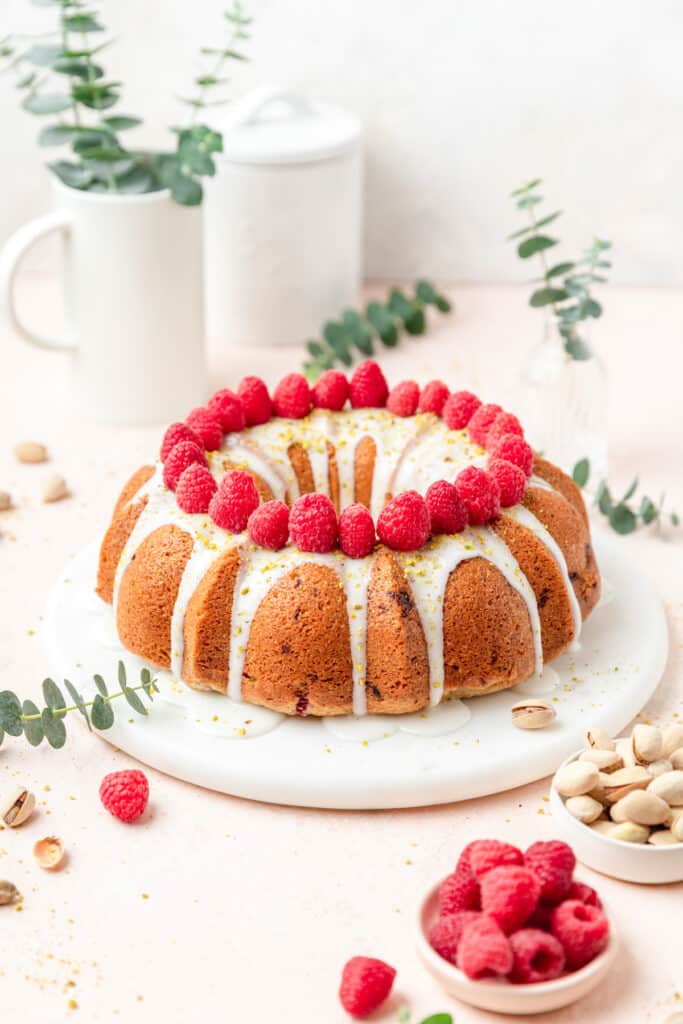 Pistachio Olive Oil Bundt Cake with Raspberries Barley & Sage