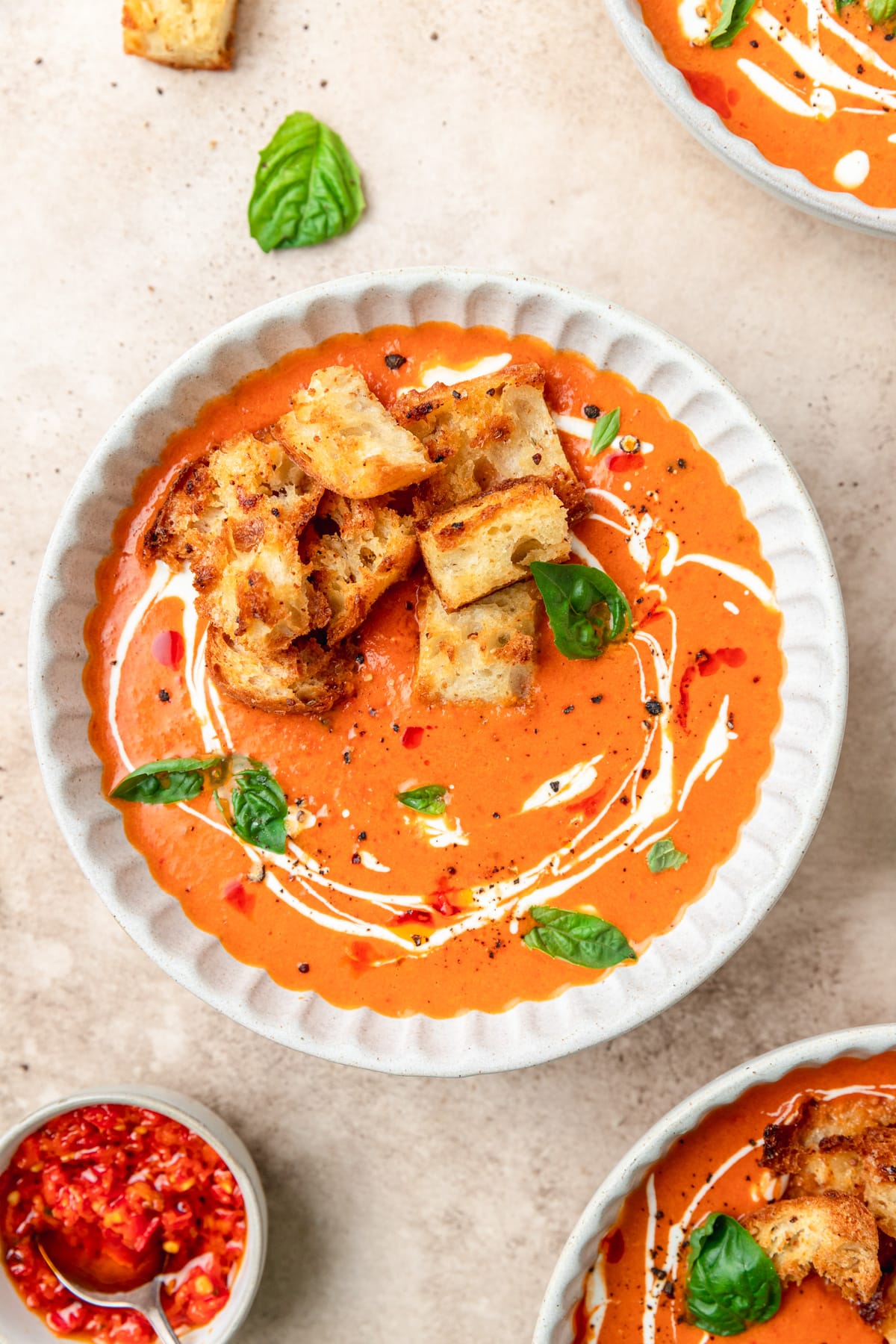 creamy tomato soup topped with homemade croutons. 