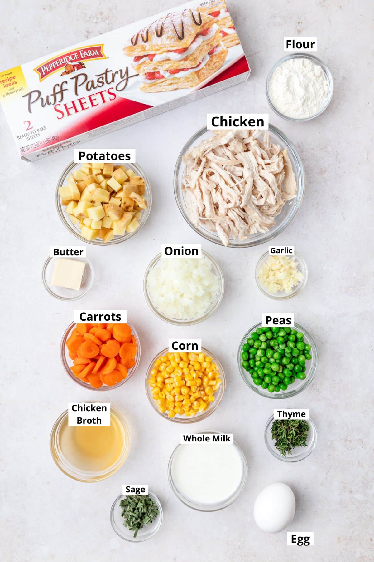 labeled ingredients for puff pastry chicken pot pie tarts.