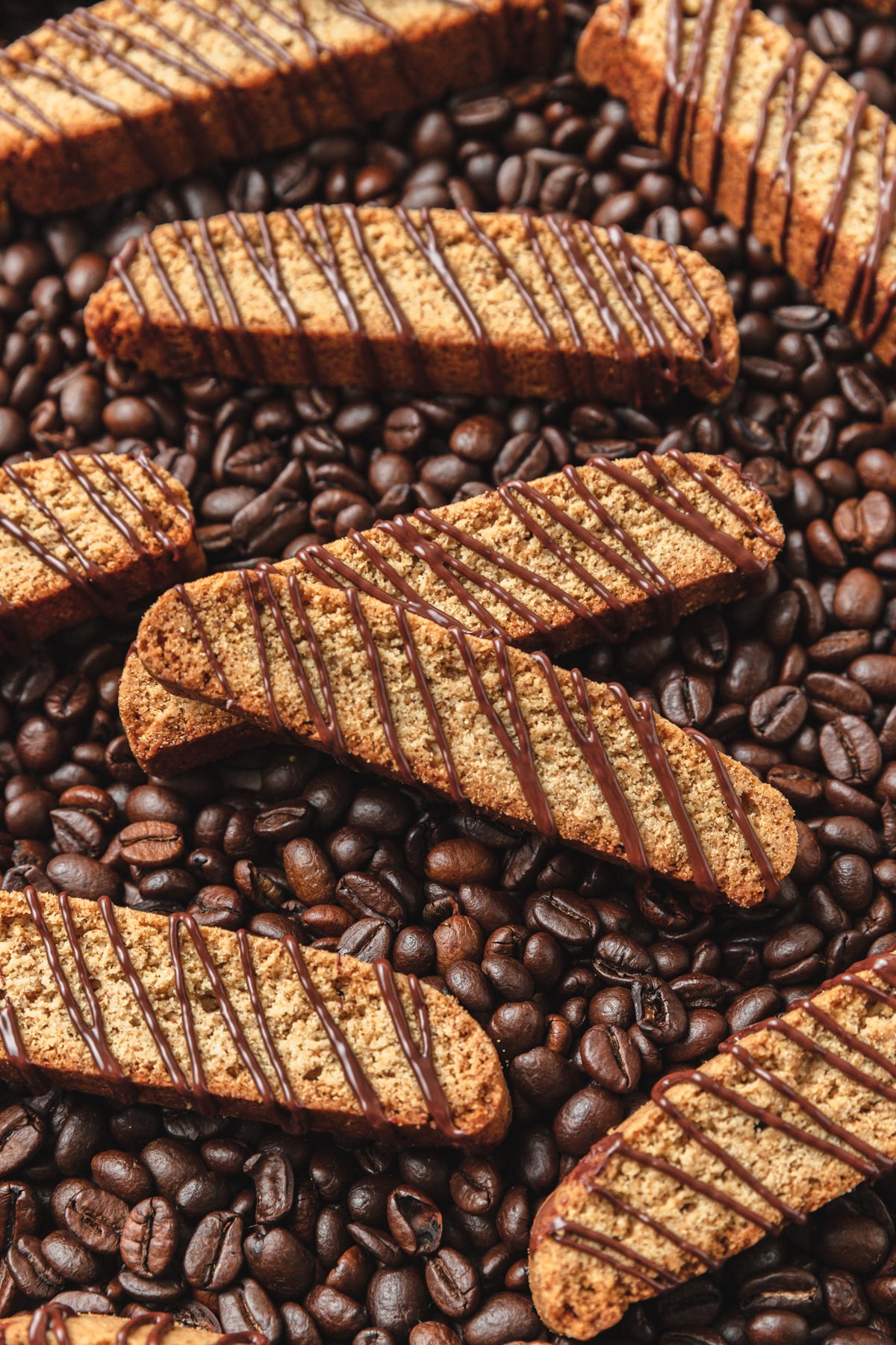 chocolate espresso biscotti on top of coffee beans.