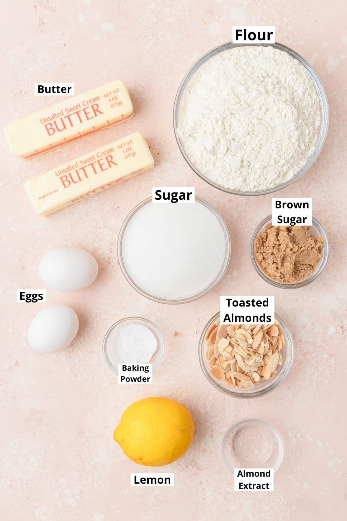 labeled ingredients for lemon sugar cookie bars.