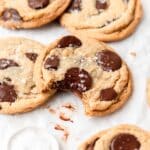 close up of tahini chocolate chip cookies with bite taken out.