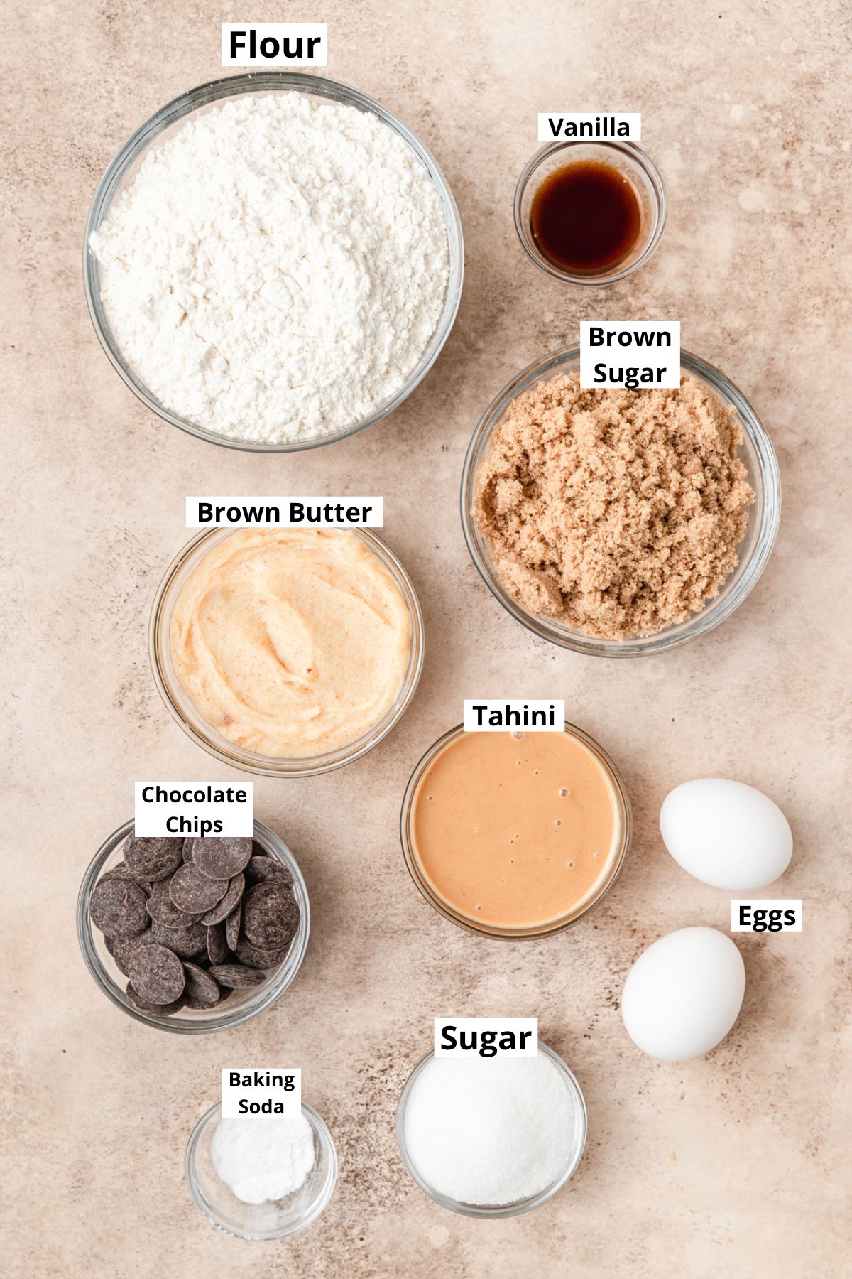 labeled ingredients for tahini chocolate chip cookies.