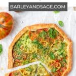 heirloom tomato galette with pesto and goat cheese pin.