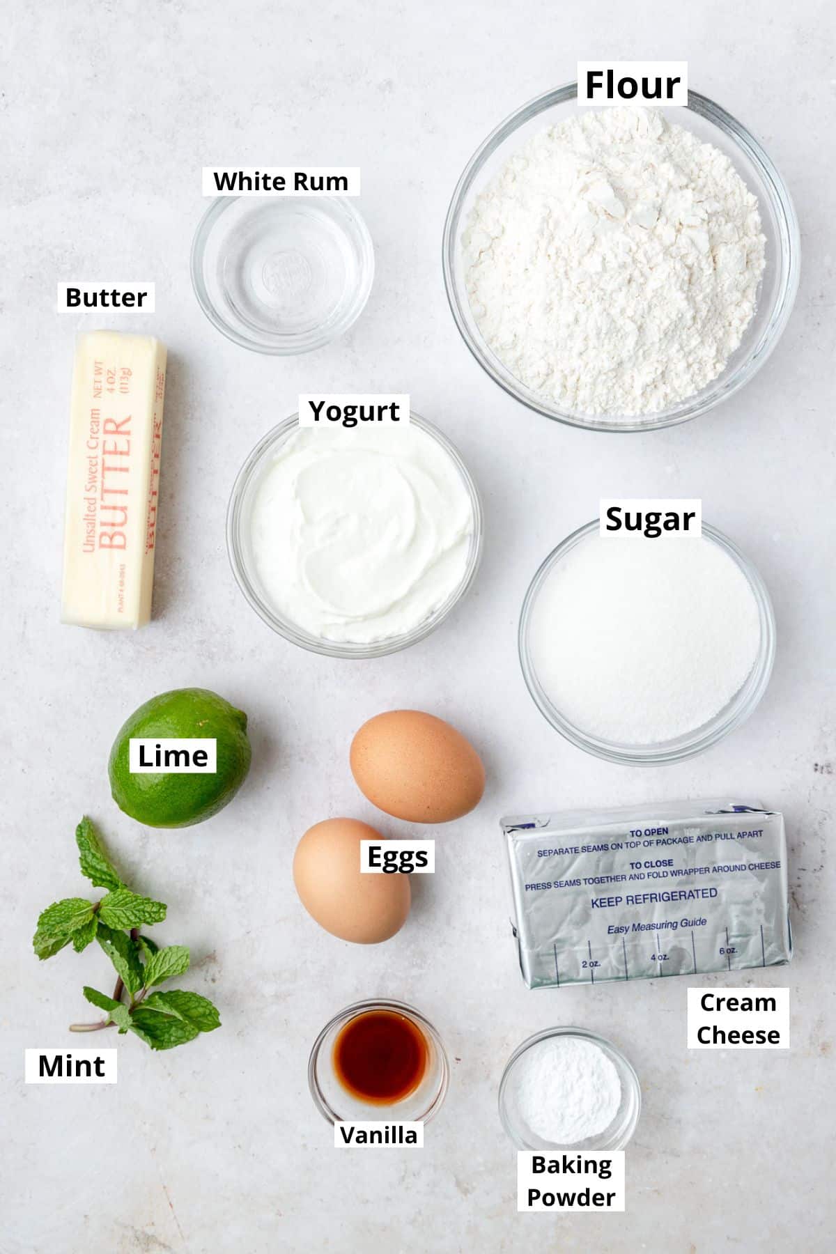 labeled ingredients for mojito cupcakes.
