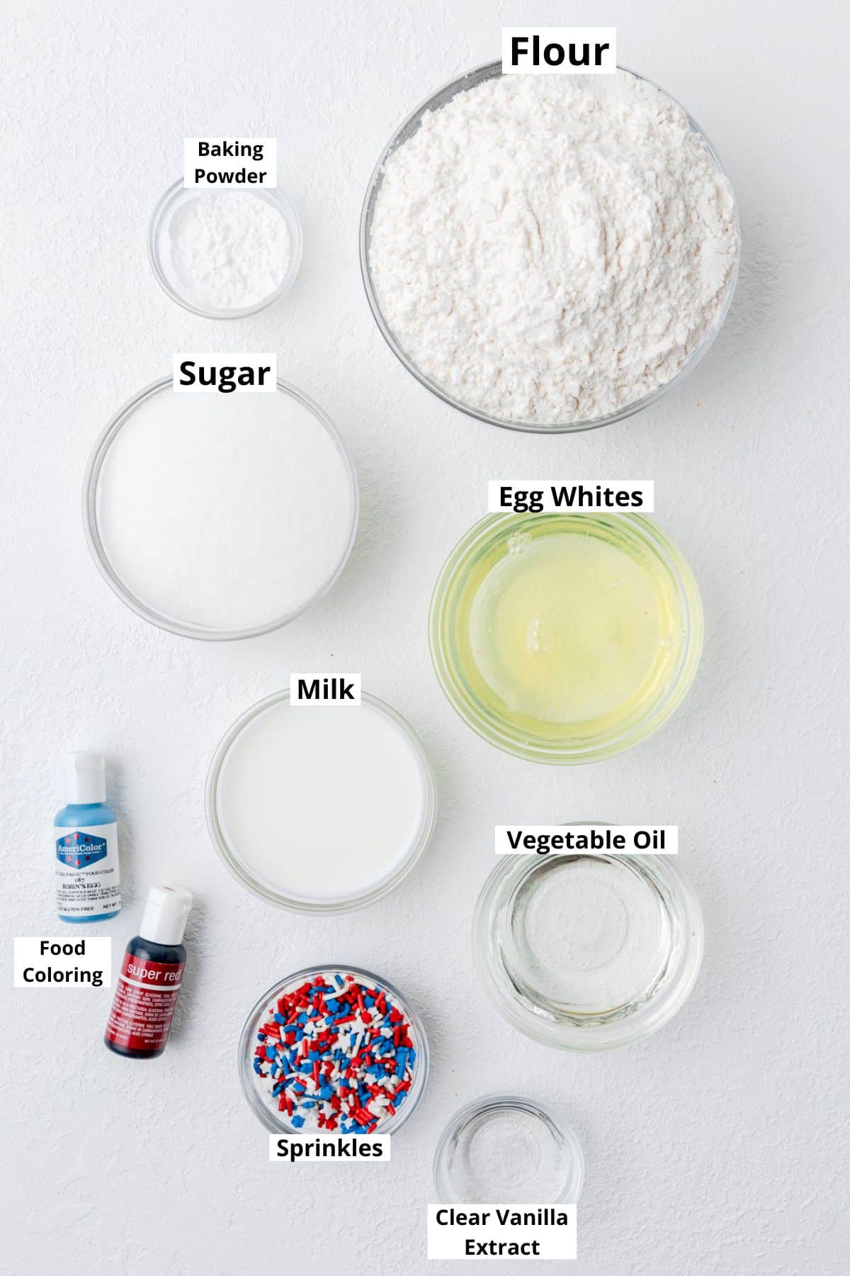 labeled ingredients for red white and blue layer cake.
