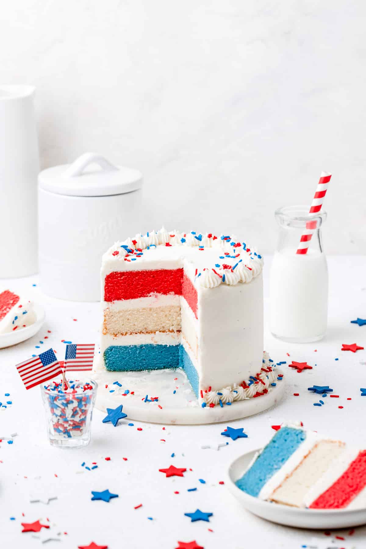 inside shot of red white and blue layer cake.