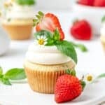 close up of strawberry basil cupcakes.