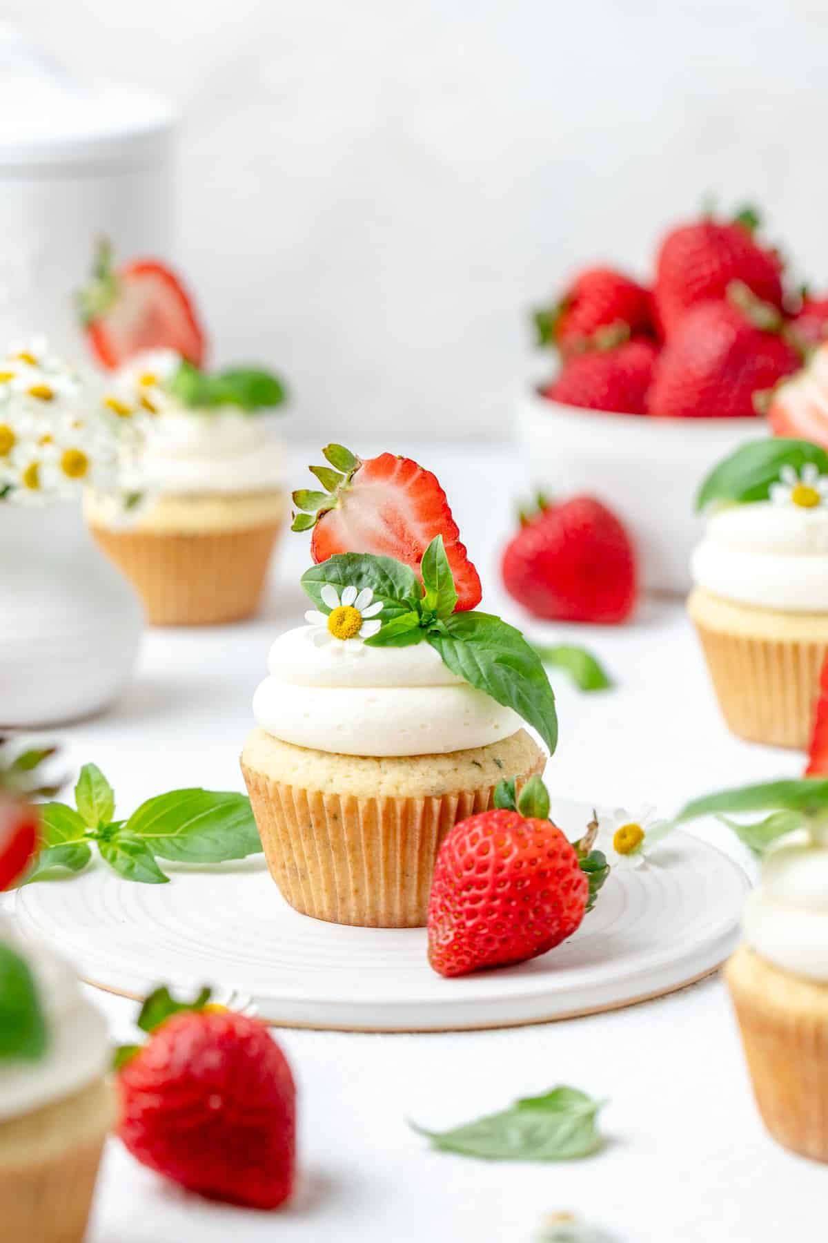 strawberry basil cupcakes with mascarpone frosting.