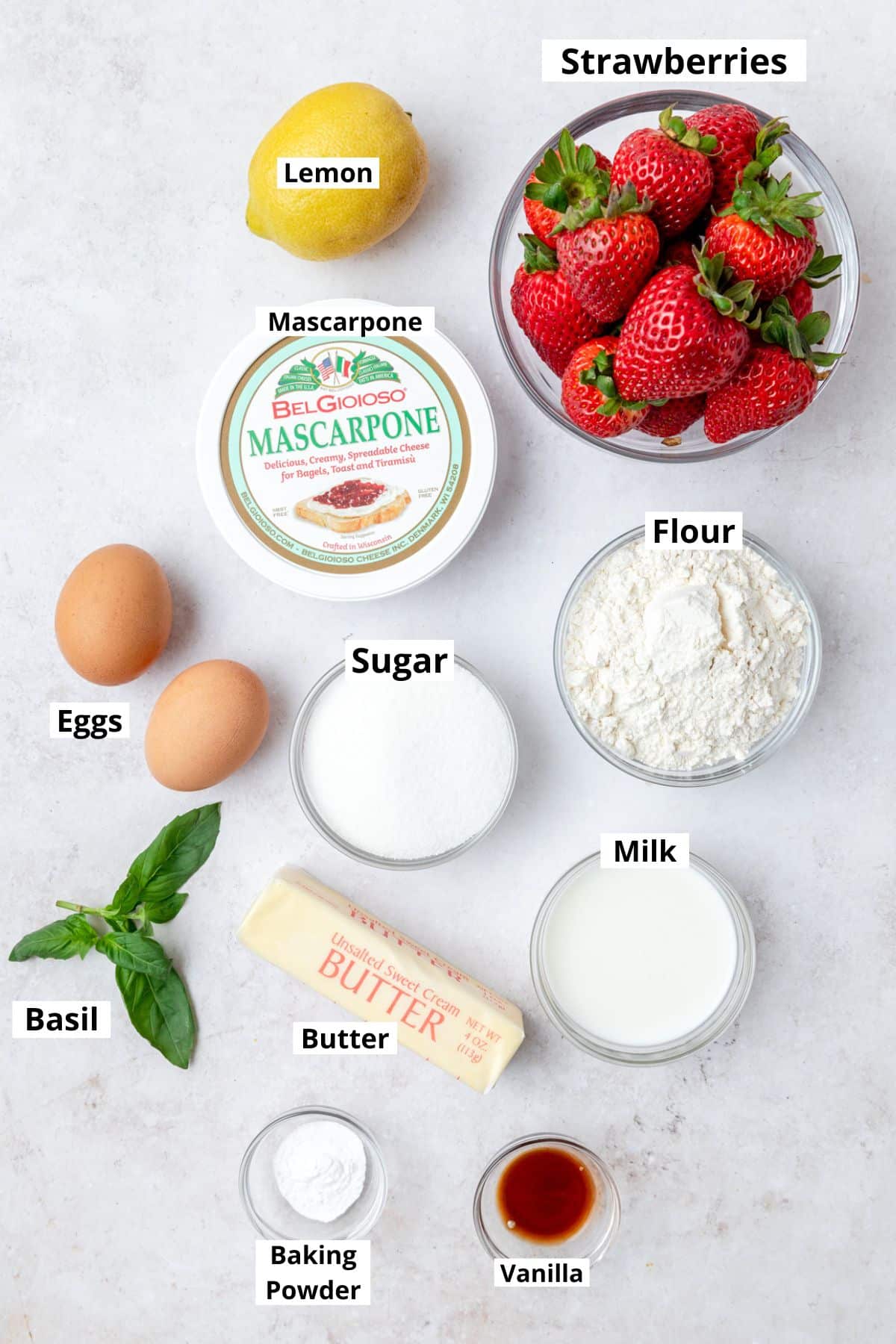 labeled ingredients for strawberry basil cupcakes.