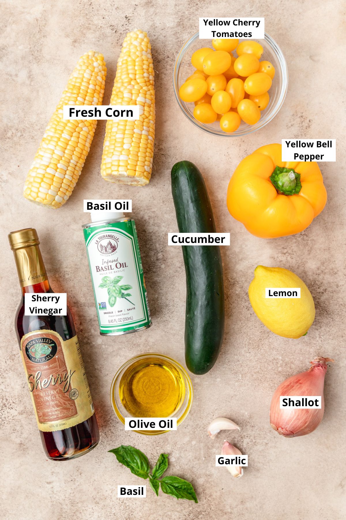 labeled ingredients for sweet corn gazpacho.