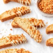close up shot of toasted coconut biscotti with white chocolate.