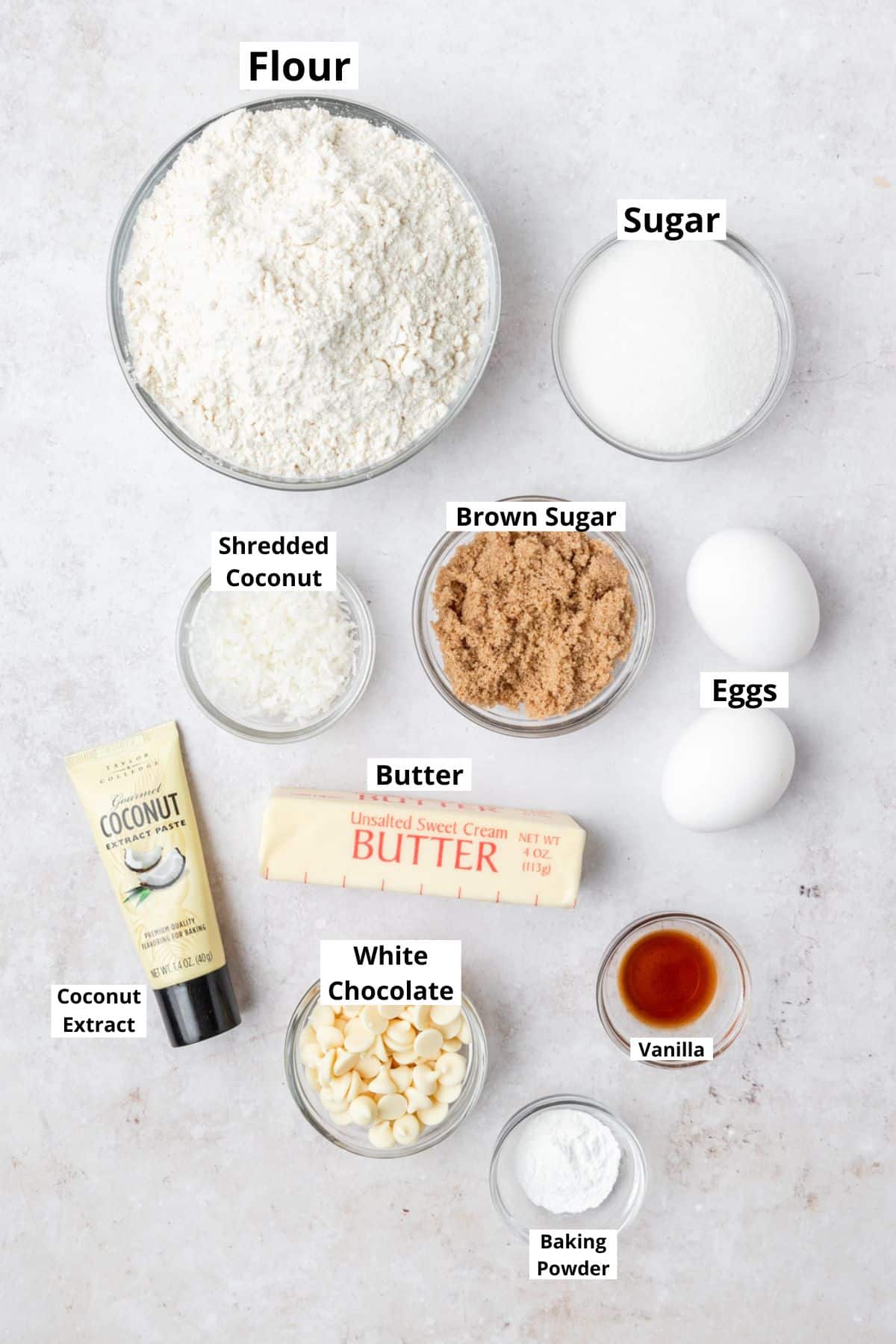 labeled ingredients for toasted coconut biscotti.