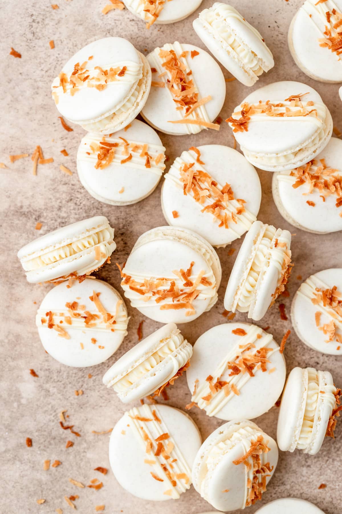 toasted coconut macarons with white chocolate ganache.