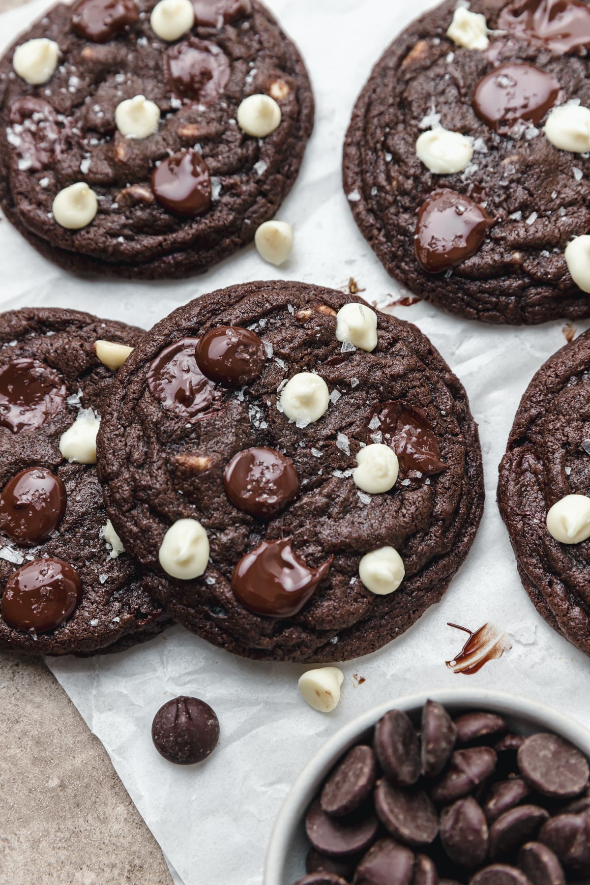 chewy chocolate cookies with white and dark chocolate chips.