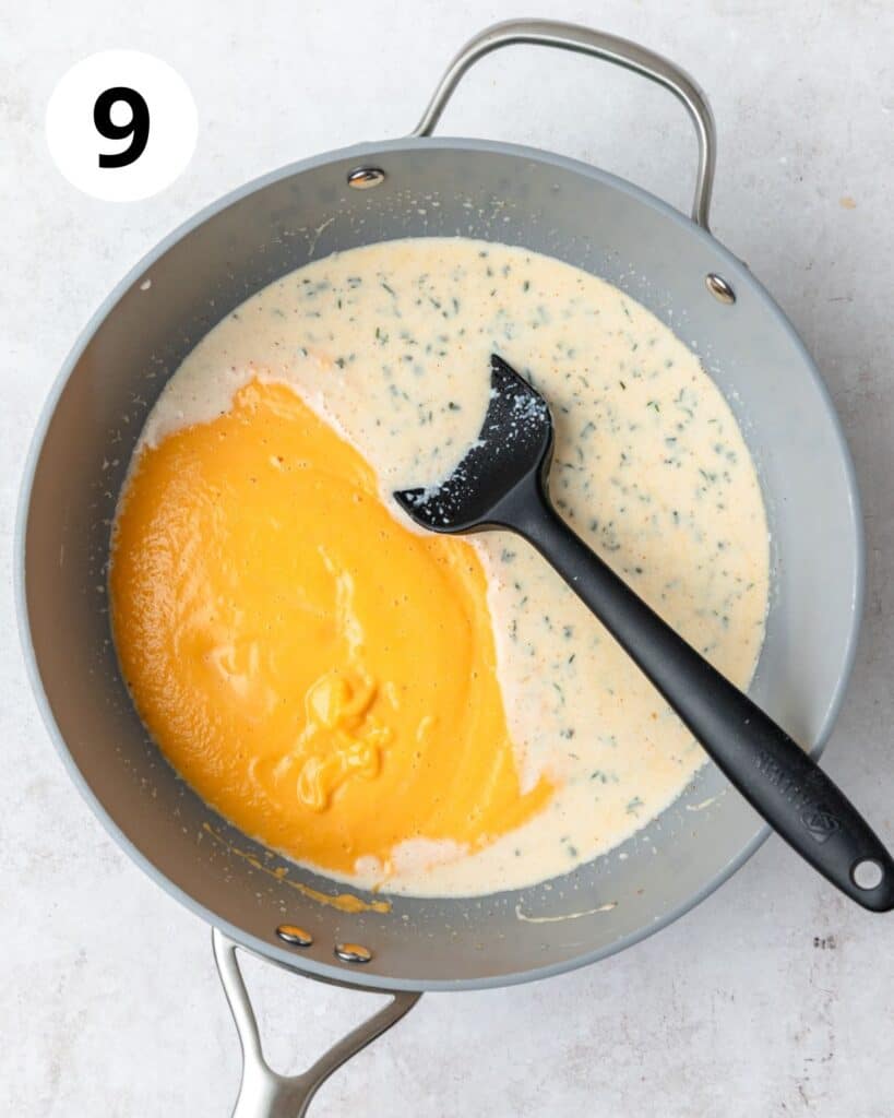 adding butternut squash puree to sauce.
