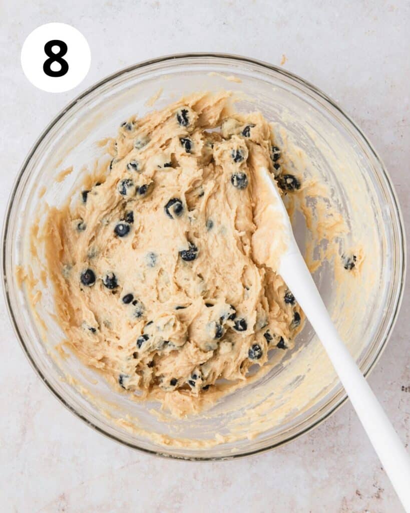 brown butter blueberry muffin batter in bowl.