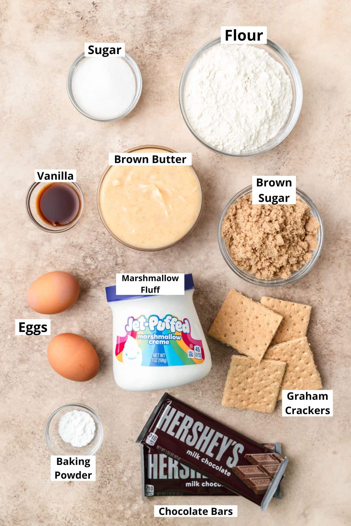 labeled ingredients for s'mores blondies.