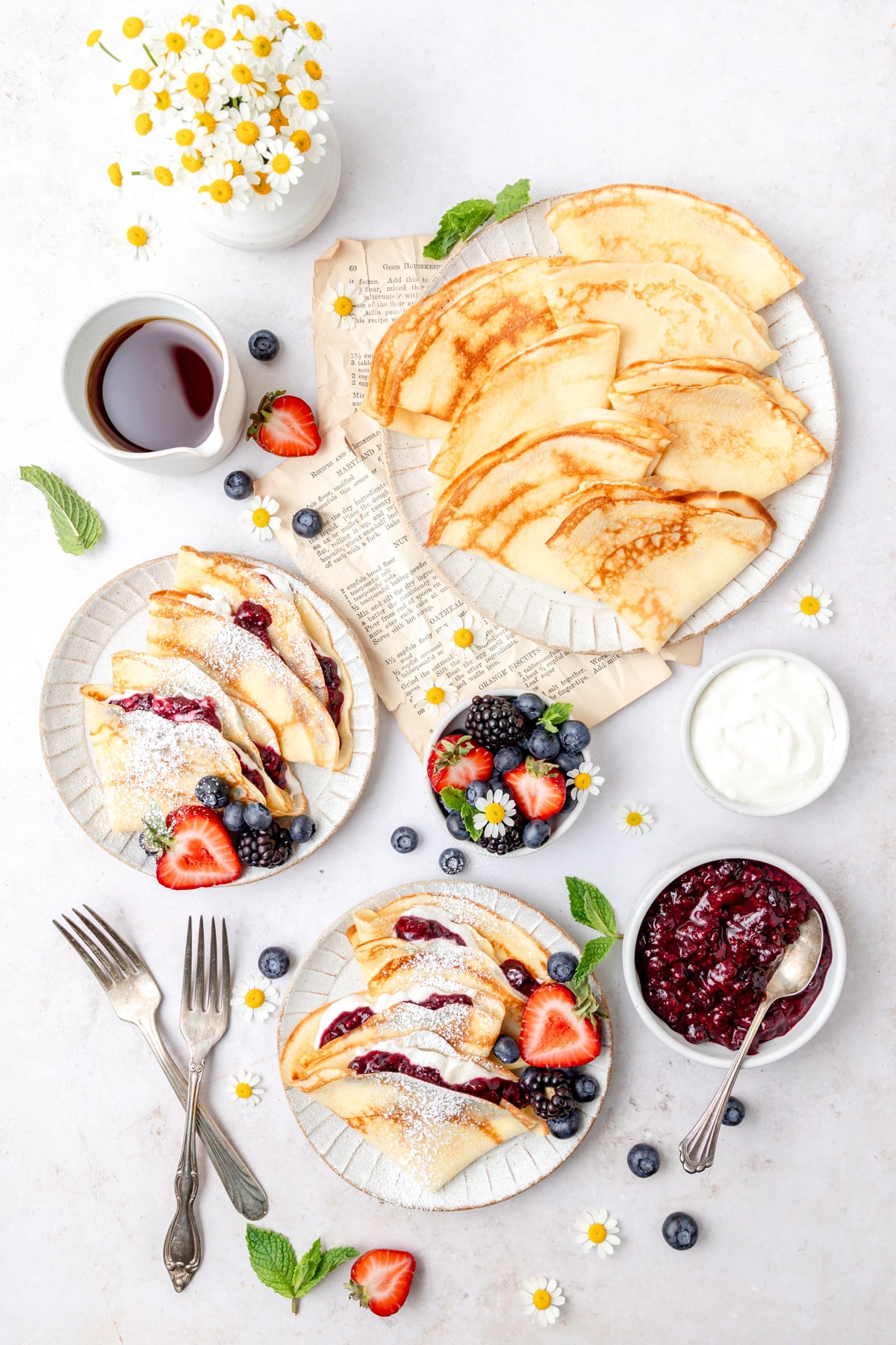 sourdough discard crepes with fresh fruit.