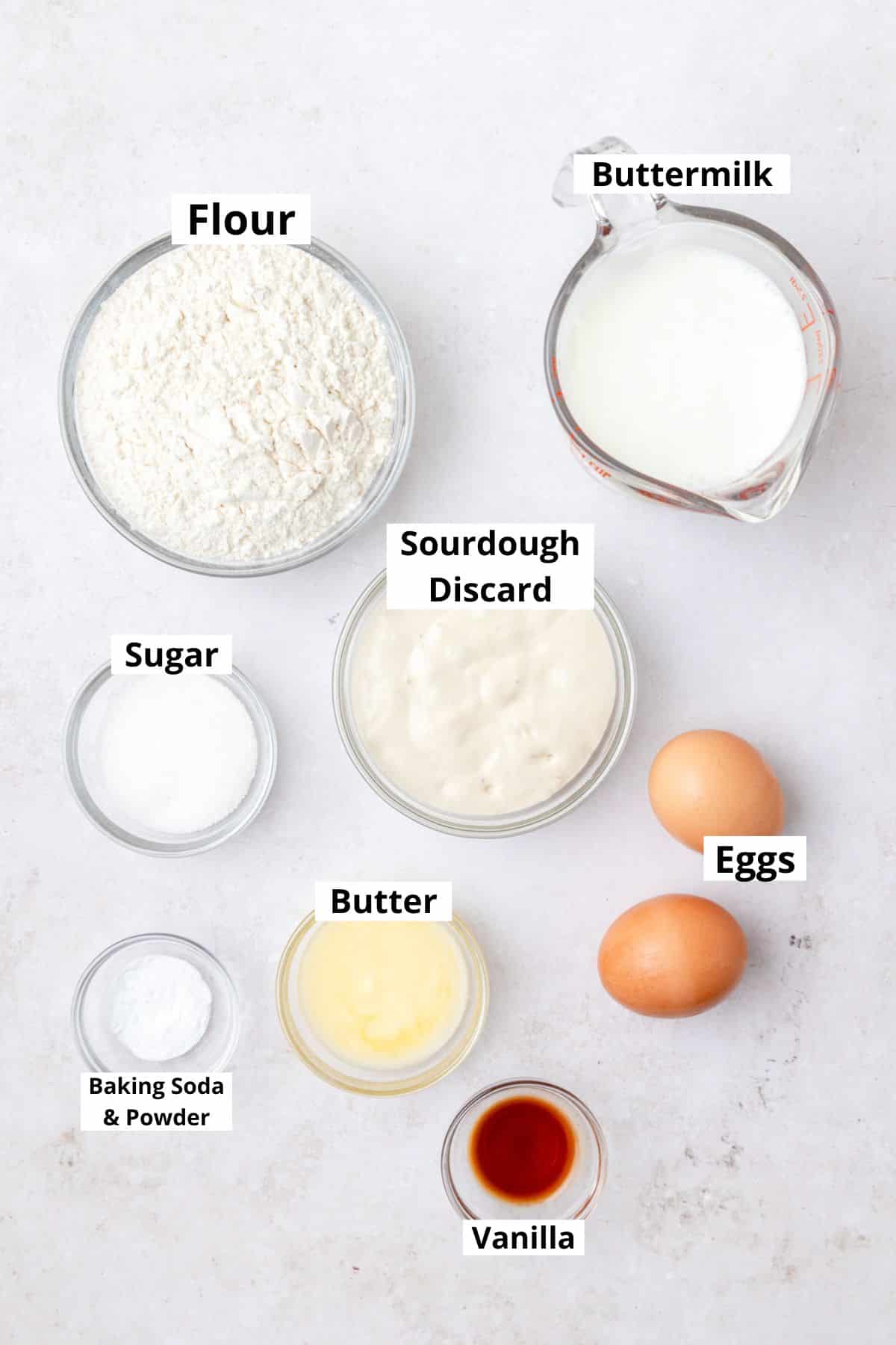 labeled ingredients for sourdough discard pancakes.