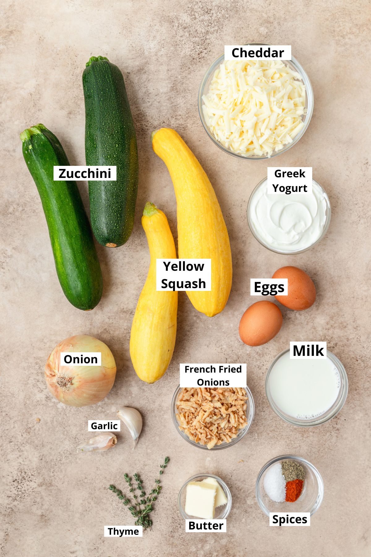 labeled ingredients for summer squash casserole.