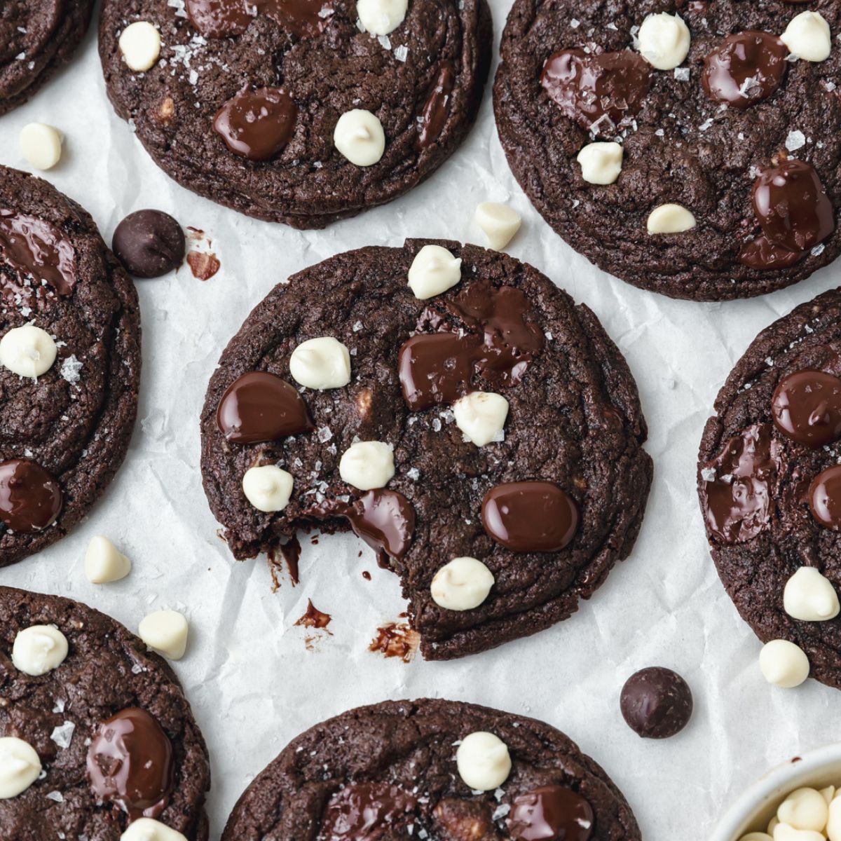 close up shot of triple chocolate cookies.