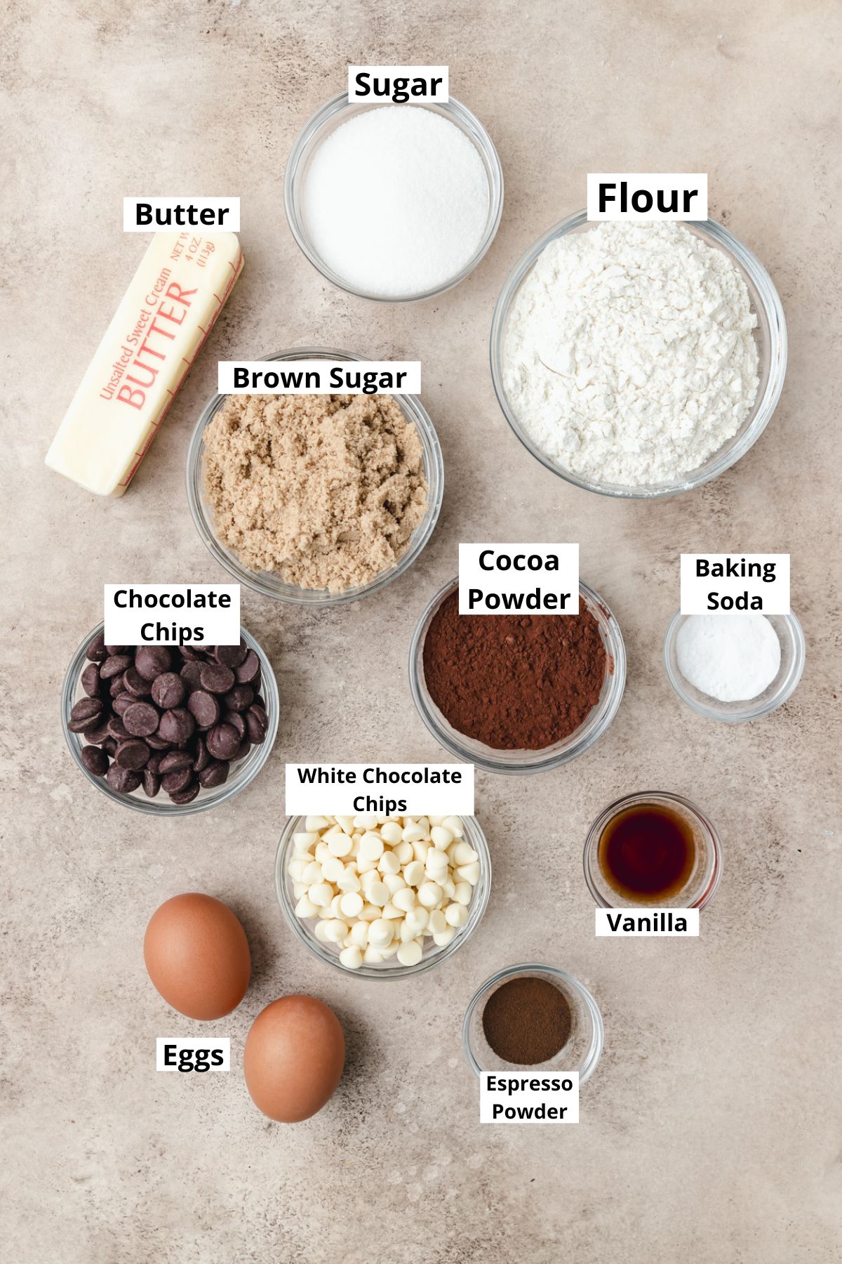 labeled ingredients for triple chocolate cookies.