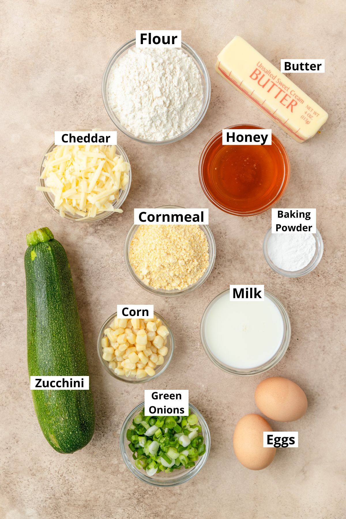 labeled ingredients for zucchini cornbread.