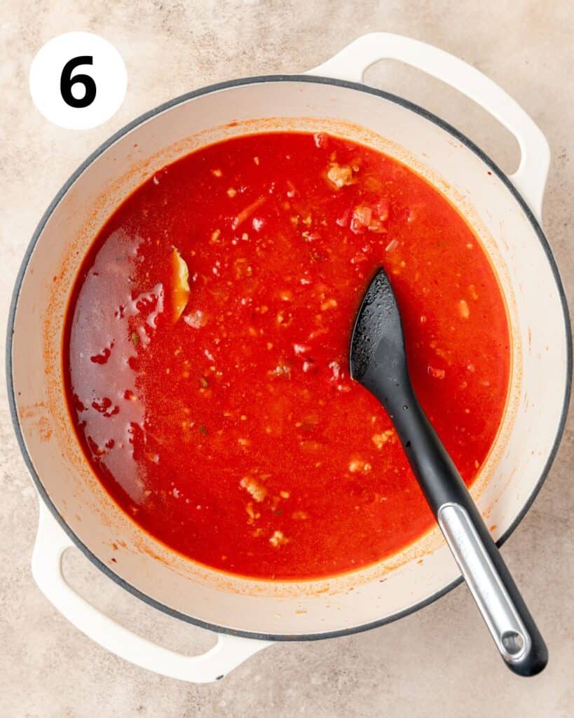 adding tomato sauce and broth to soup.
