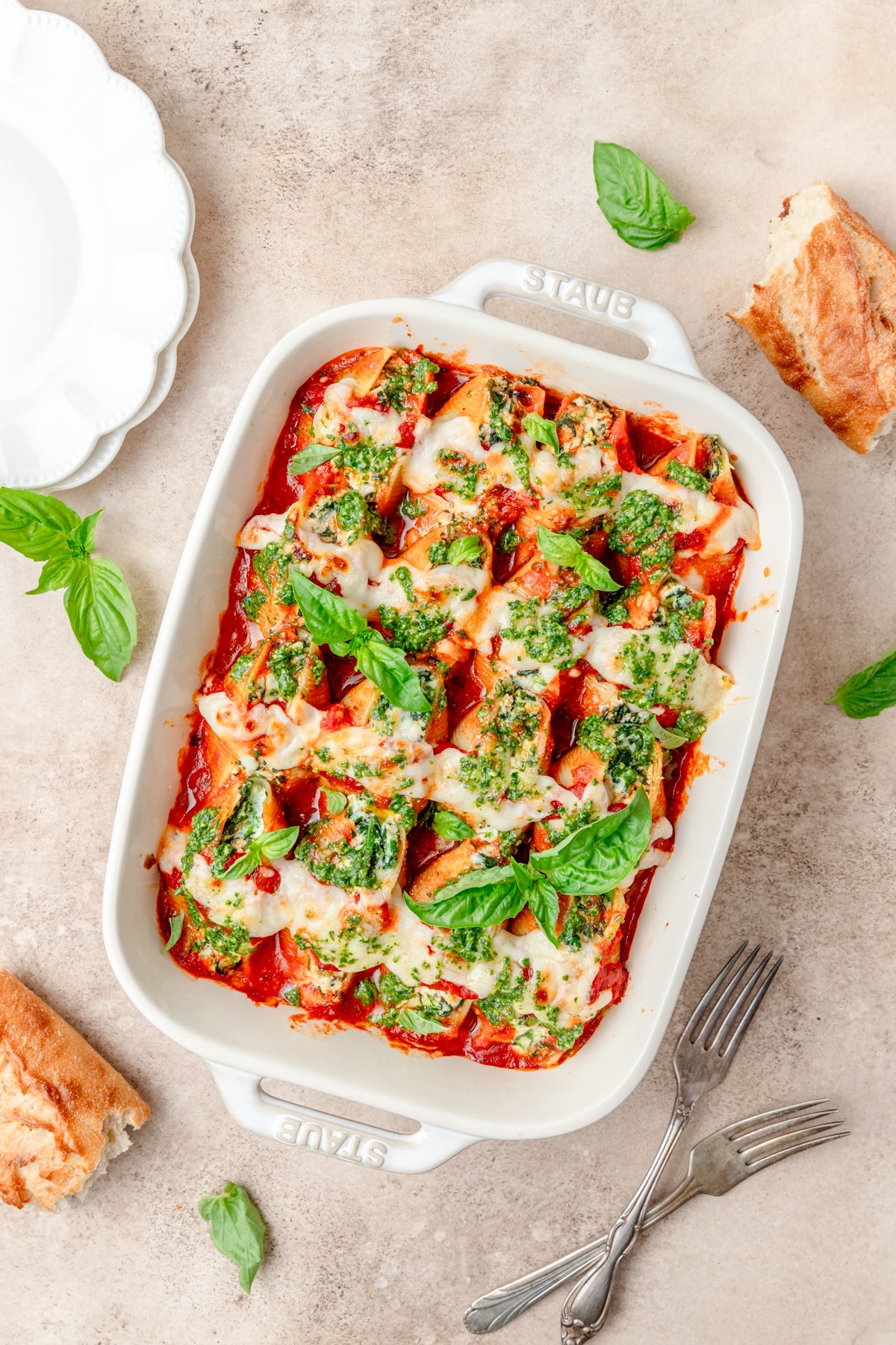 stuffed shells with spinach and pesto.