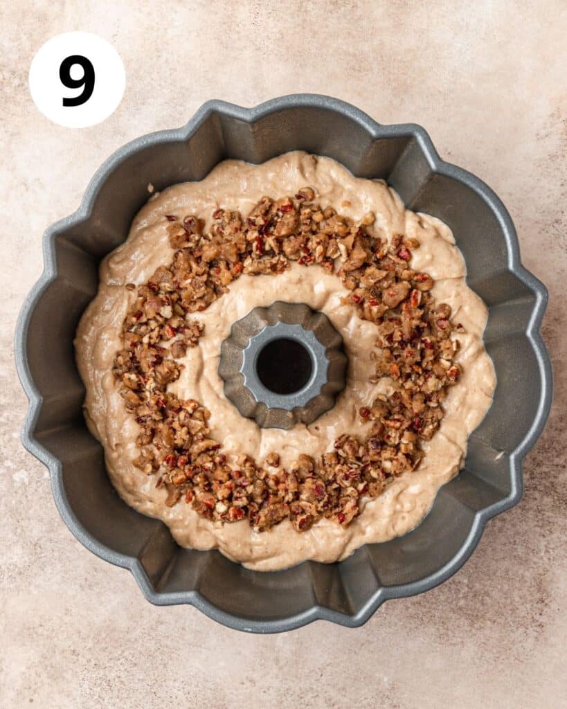half the batter in bundt pan topped with pecan streusel.