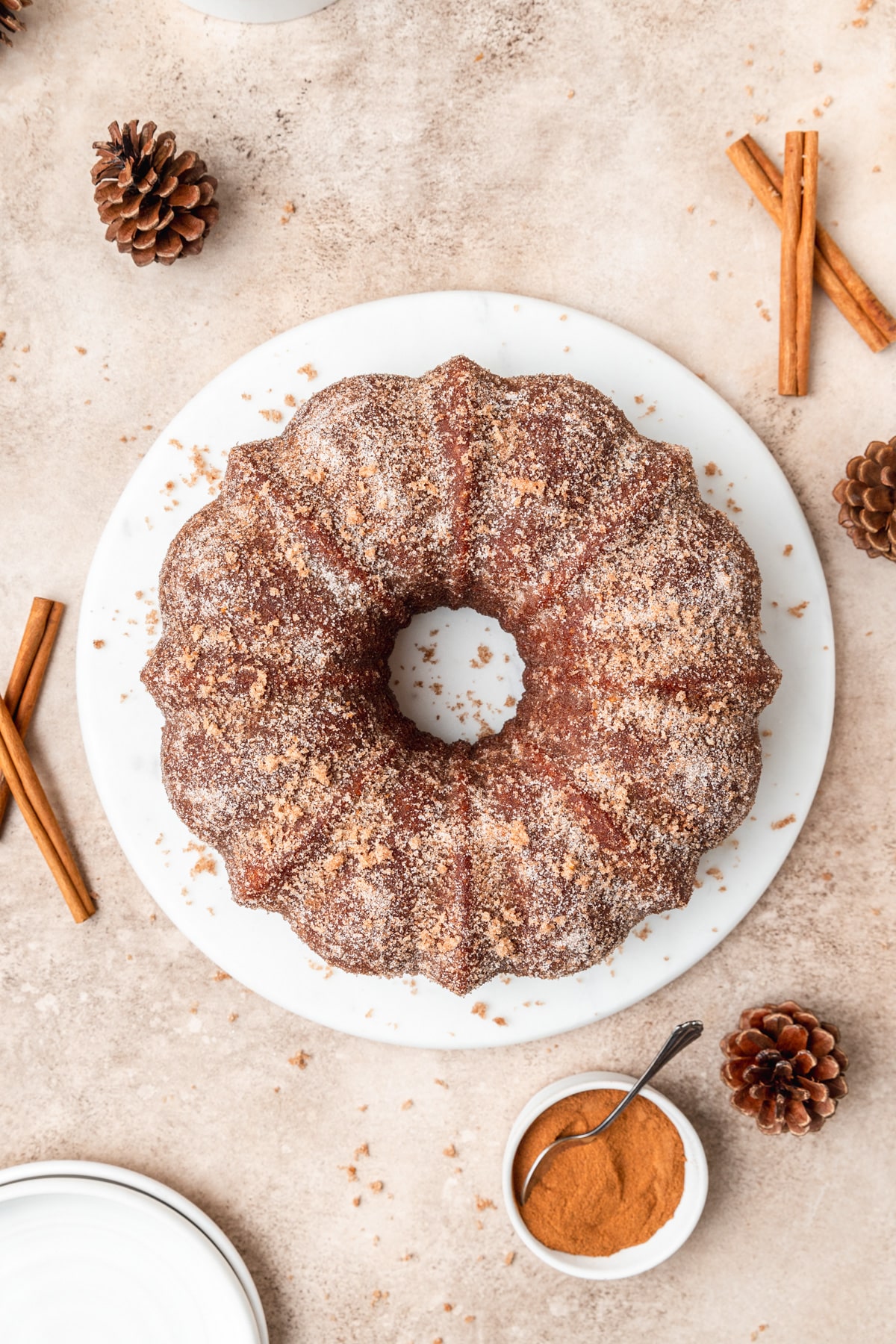 top view of apple cider bundt cake with pecan filling.