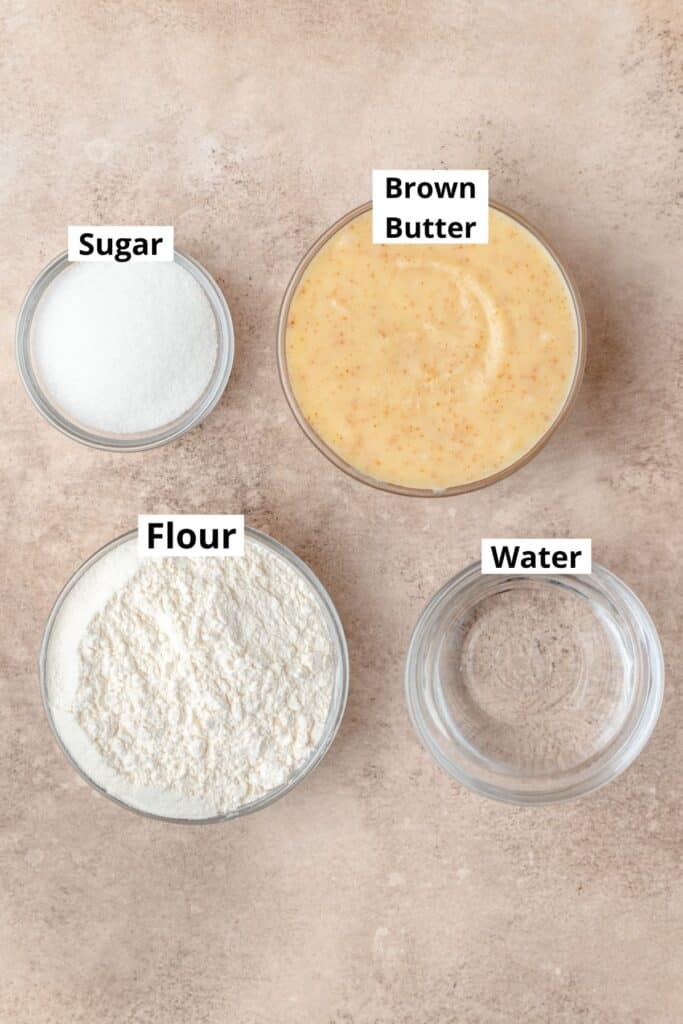 labeled ingredients for brown butter pie crust.